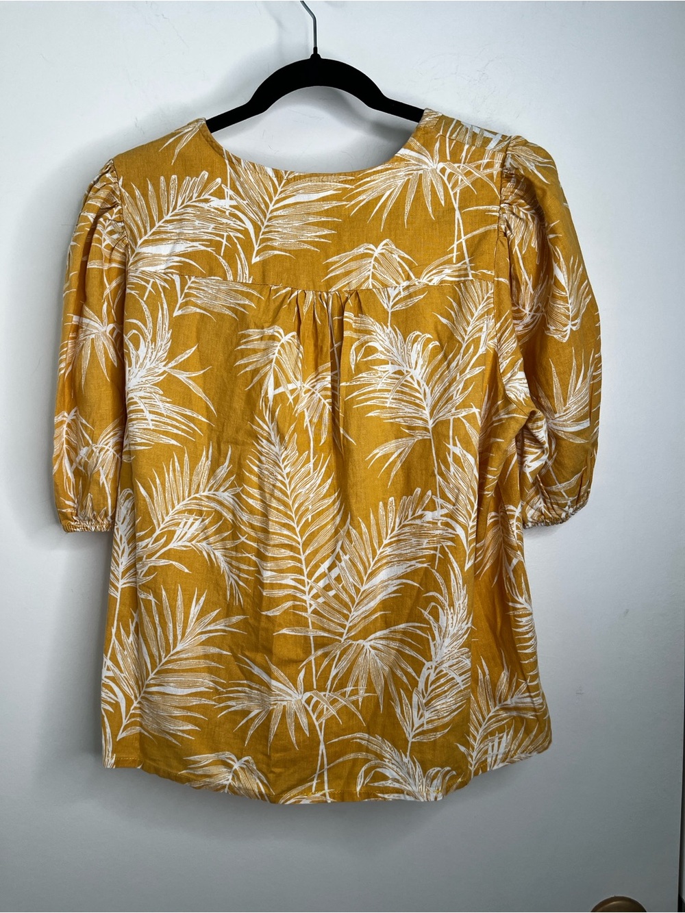 Sigrid Olsen Mustard PalmPrint Puff Sleeve Top Linen Blend L Vacay Resort Fall - Picture 6 of 10